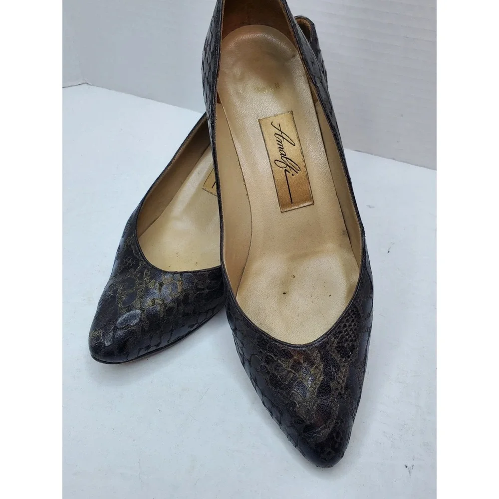 AMALFI Metalic‎ Black Anaconda Leather Pumps Kitten Heels Shoes 8B Italy Y2K